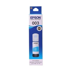 Epson 003 Cyan Refill Ink Bottle placed beside an Epson EcoTank printer, highlighting its availability and price update in Bangladesh.