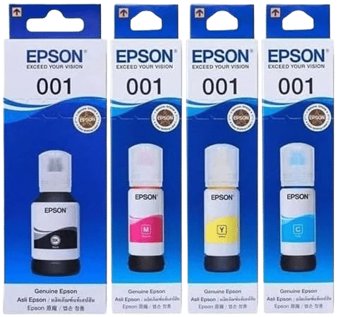 Epson 001 Ink 4 Colors available at Tonercartridgebd.com, featuring quality prints for EcoTank printers in Bangladesh.